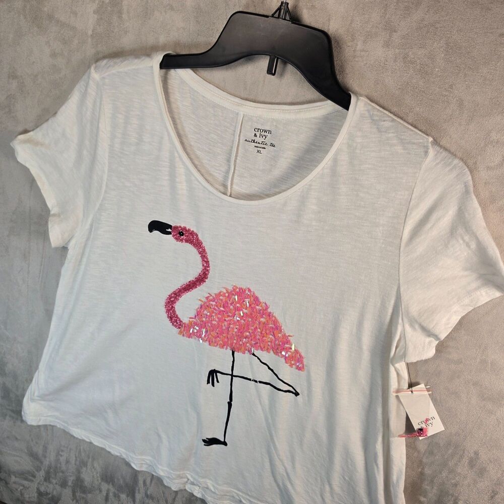EXC CROWN & IVY Sequin Pink Flamingo White T-shirt Top Sz XL NWT